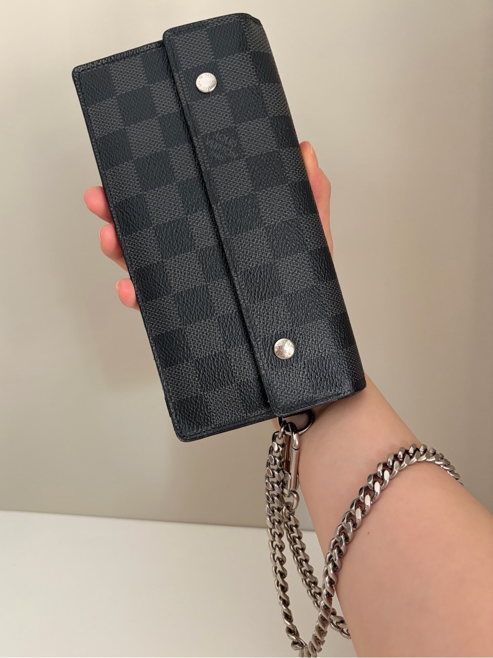 LOUIS VUITTON Damier Graphite long wallet with chain (WOC)-Authentic